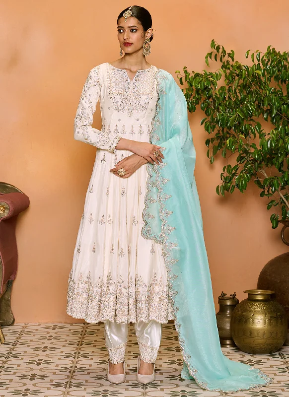 Off White Embroidered Anarkali Style Punjabi Suit