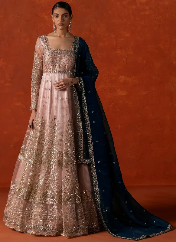 Peach and Blue Embroidered Anarkali