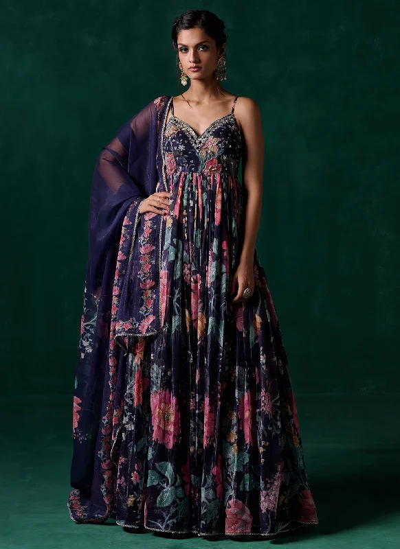 Navy Blue Multicolor Floral Printed Anarkali