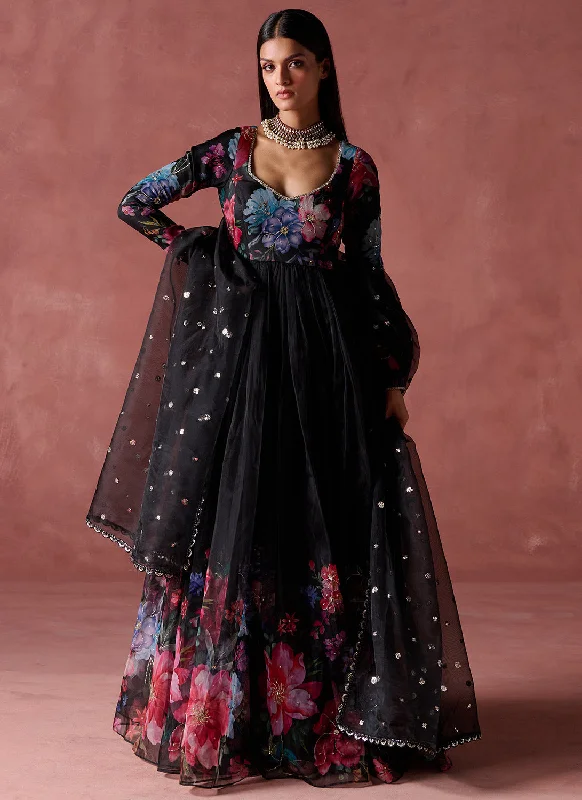 Black Multicolor Floral Printed Organza Anarkali