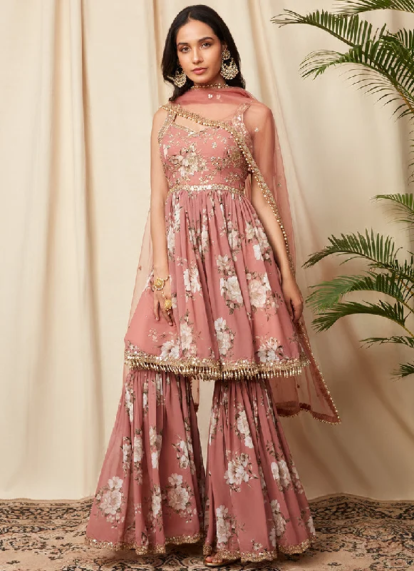 Dusty Rose Floral Georgette Gharara Suit