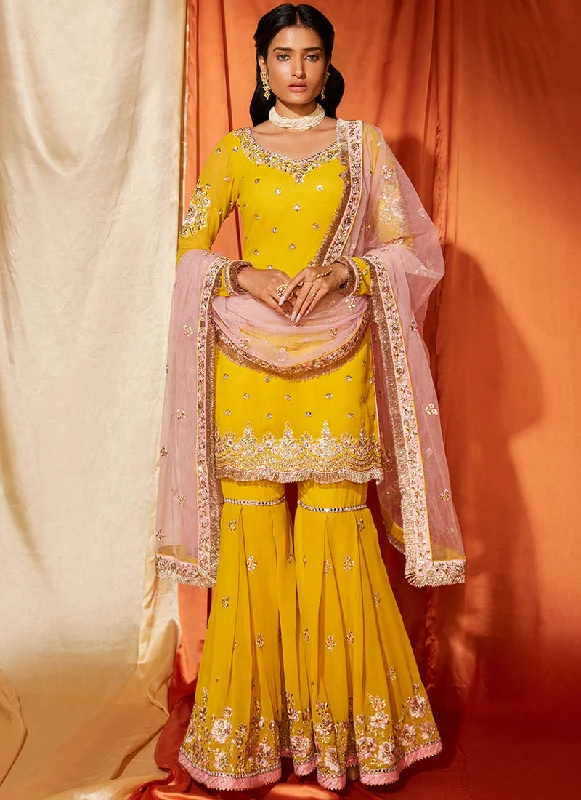 Mustard and Light Pink Georgette Gharara Suit