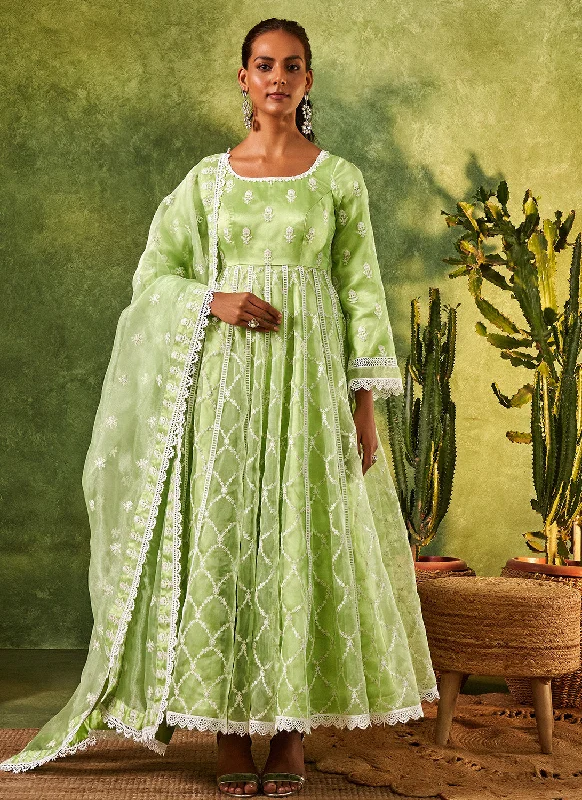 Green Embroidered Organza Anarkali