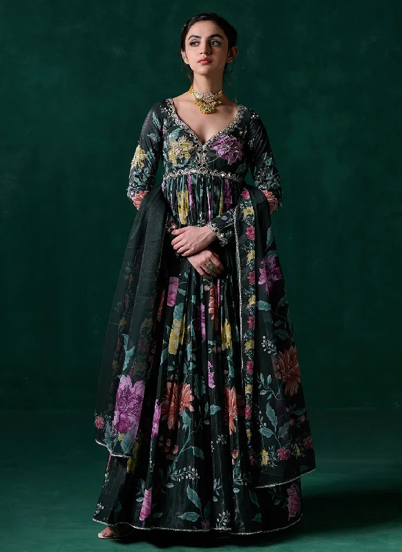 Green Multicolor Floral Printed Anarkali