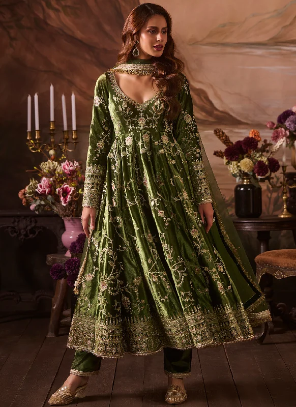 Green Embroidered Velvet Anarkali