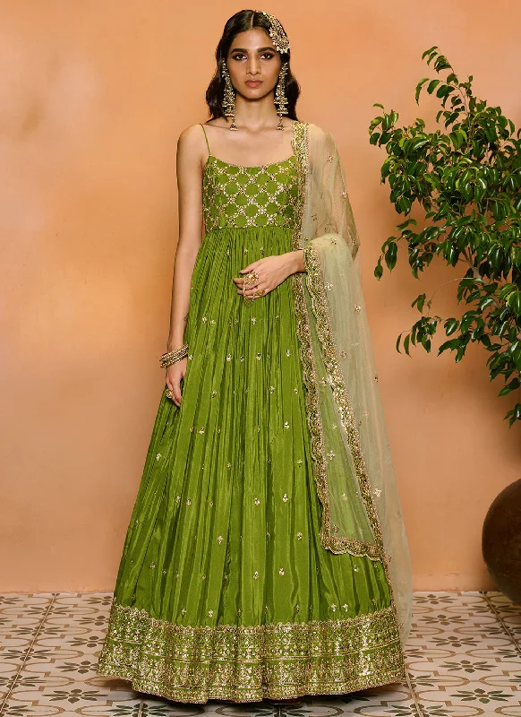 Mehendi Green Embroidered Anarkali