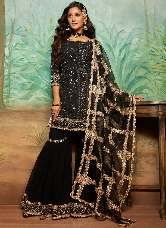 Black and Gold Thread Embroidered Gharara Suit