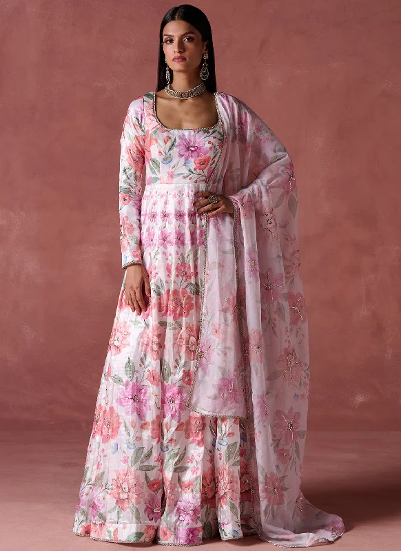 White Multicolor Floral Printed Crepe Anarkali