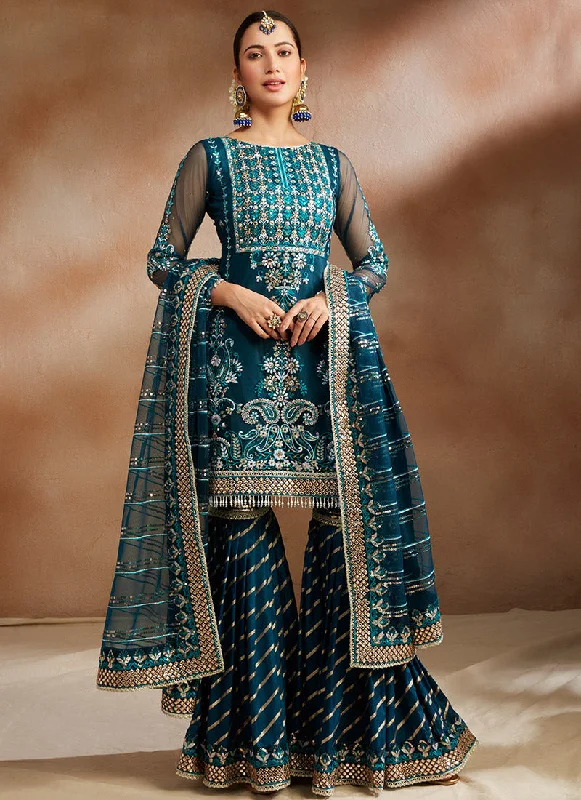 Dark Teal Heavy Embroidered Gharara Suit