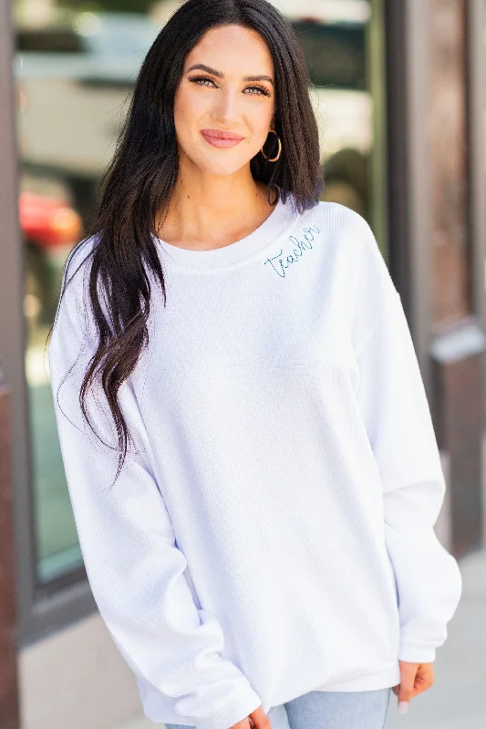 Teacher White Corded Embroidered Sweatshirt