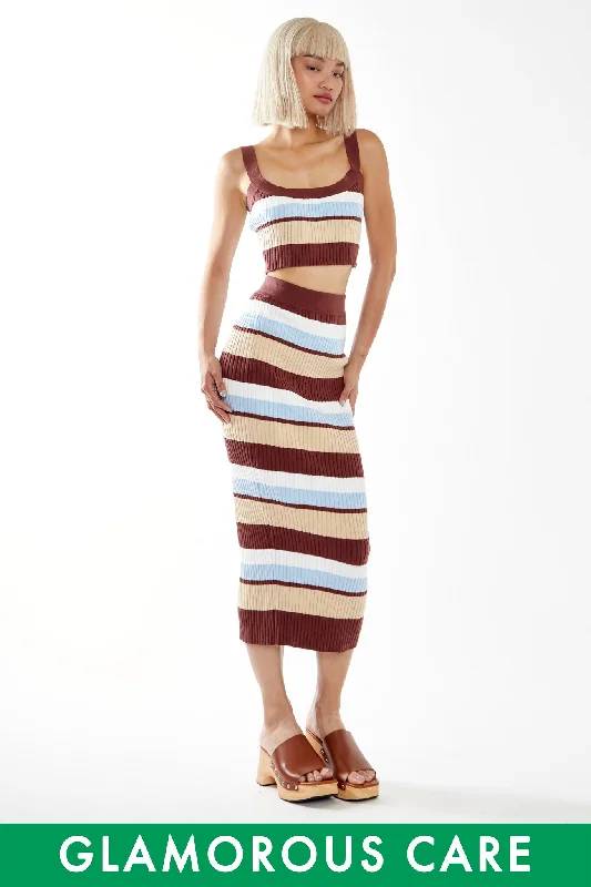 Blue-Brown Stripe Rib Knit Midi-Skirt