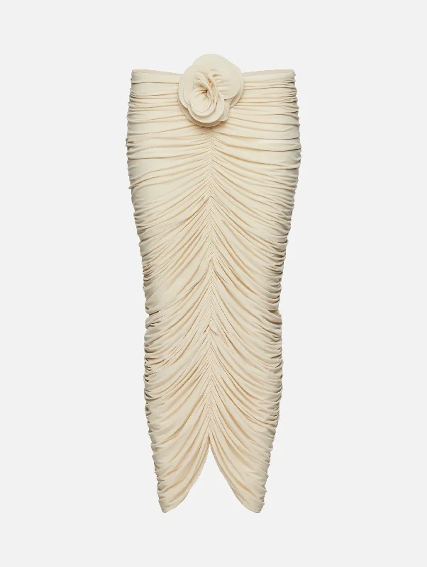 Ruched Rose Midi Skirt in Beige