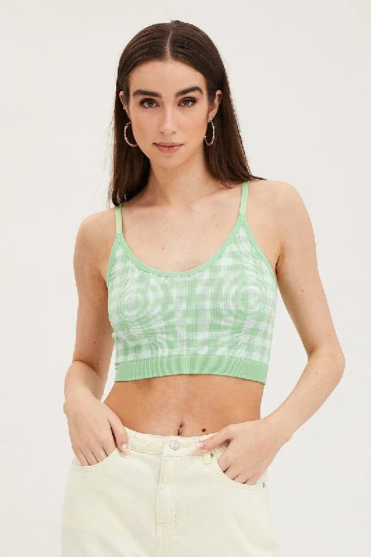 Green Check Singlet Crop Top Seamless