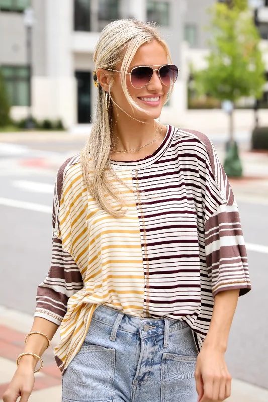 Seriously Comfy Mocha Striped Color Block Top