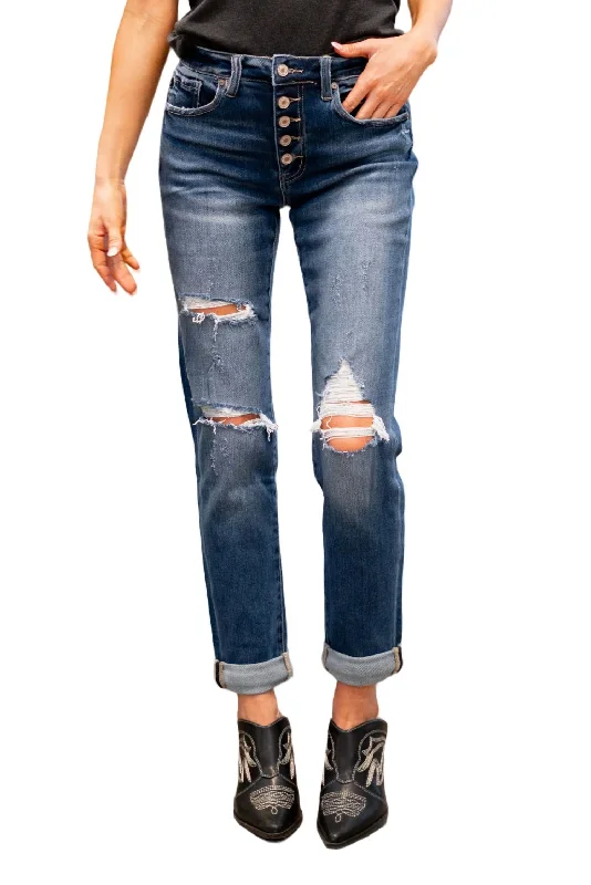 Ultra High Rise Exposed Button Jeans In Dark Blue