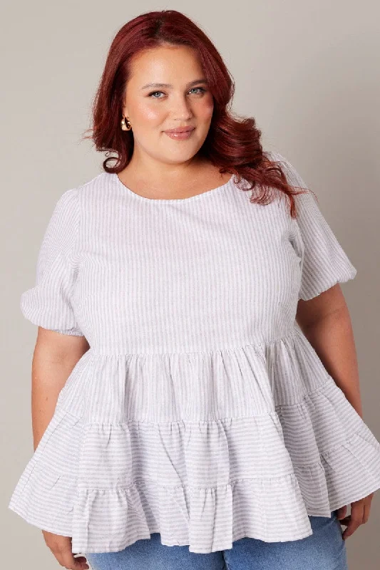 White Stripe Tiered Smock Top Short Sleeve