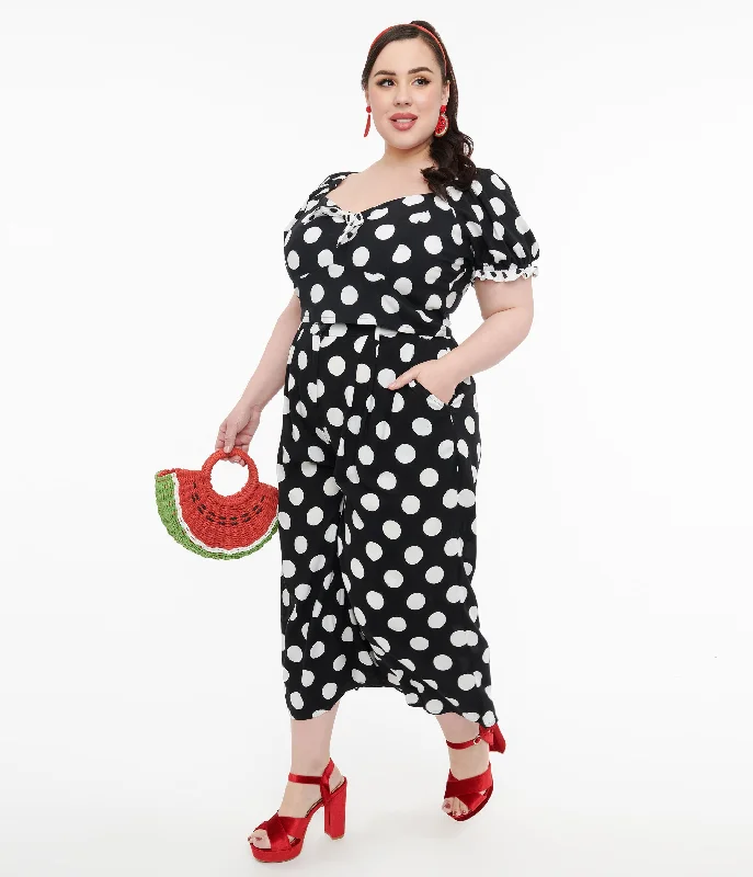 Hell Bunny Plus Size 1960s Black & White Polka Dot Cropped Trousers