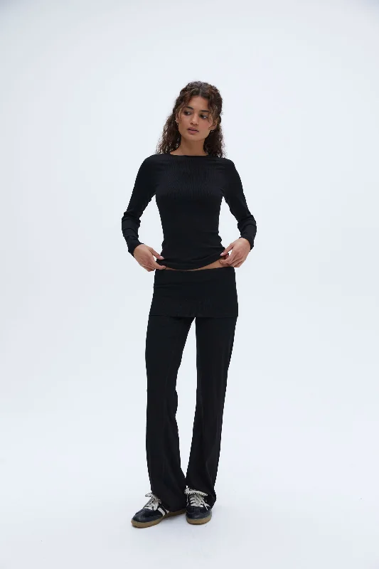 Rib Fold Over Pants - Black