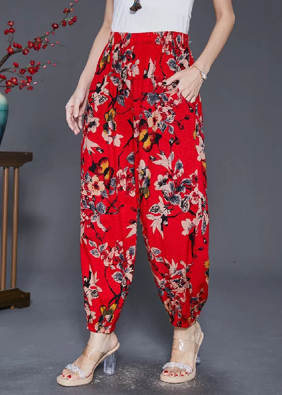 Stylish Red Oversized Print Cotton Harem Pants Fall