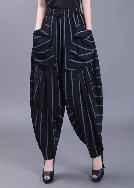 Women Black Pockets Striped High Waist Cotton Harem Pants Fall