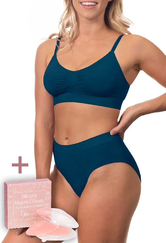 Blue Bamboo Bra + High Cut Set With FREE Nipple Covers