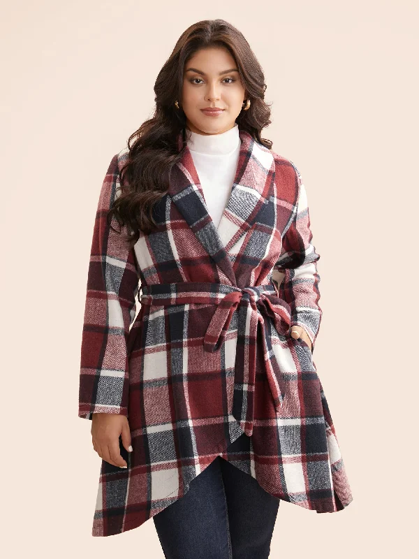 Plaid Asymmetrical Hem Belted Coat