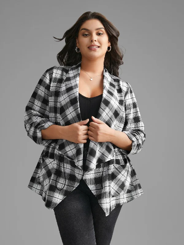 Plaid Drawstring Patched Pocket Coat