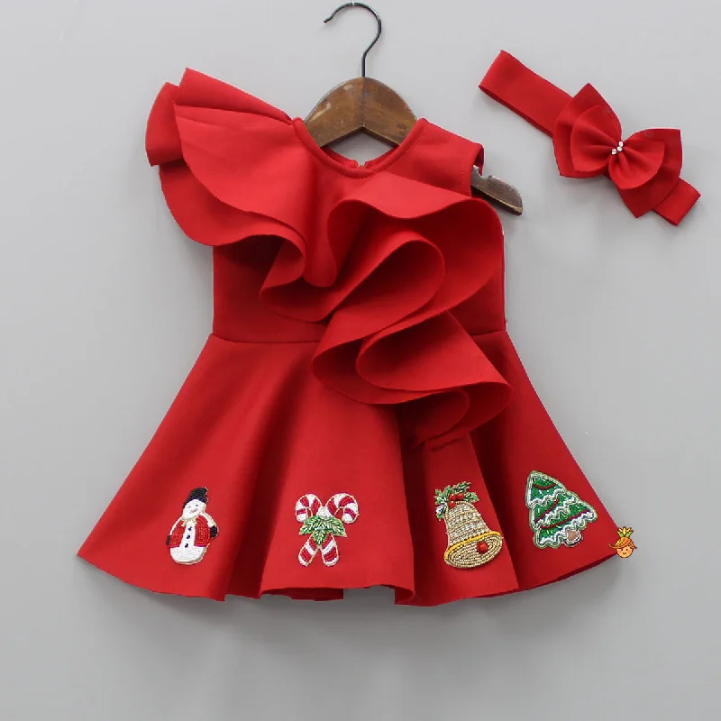 Christmas Theme Embroidered Red Scuba Dress With Matching Head Band