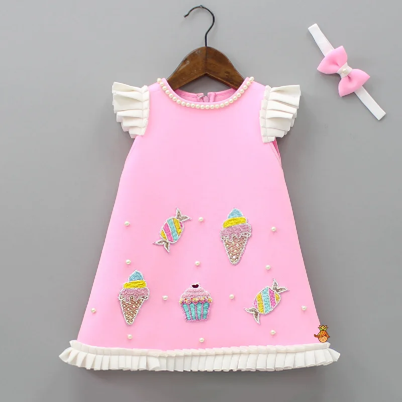 Cute Candy Embroidered Baby Pink Dress With Matching Head Band