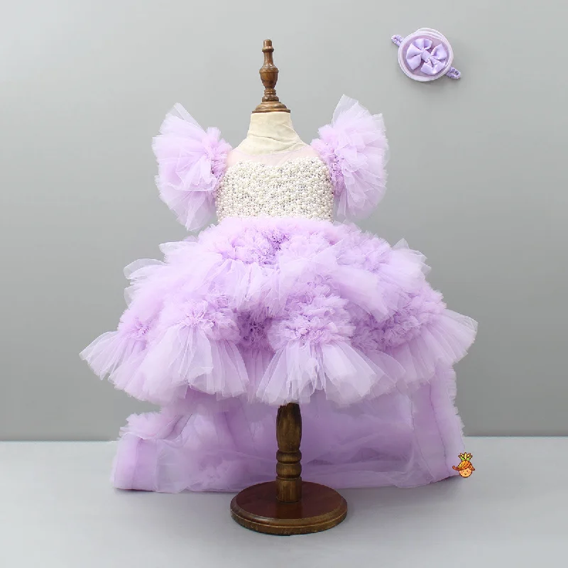 Embellished Layered Lilac Dress With Detachable Trail And Bow With Swirled Bowie Headband