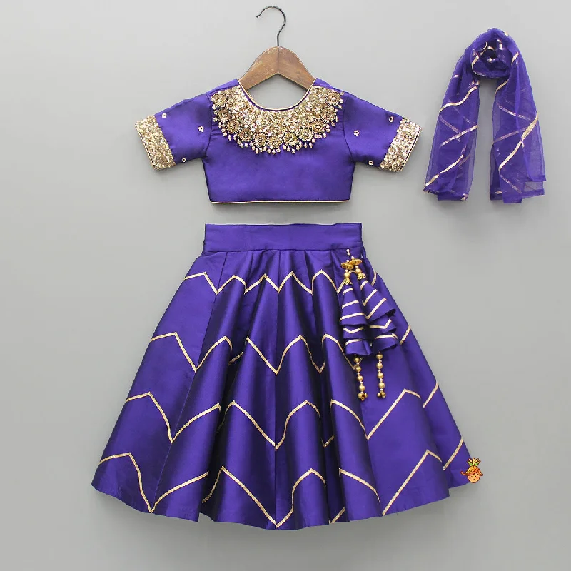 Embroidered Purple V Cut Back Top And Gota Lace Detail Lehenga With Matching Checks Dupatta