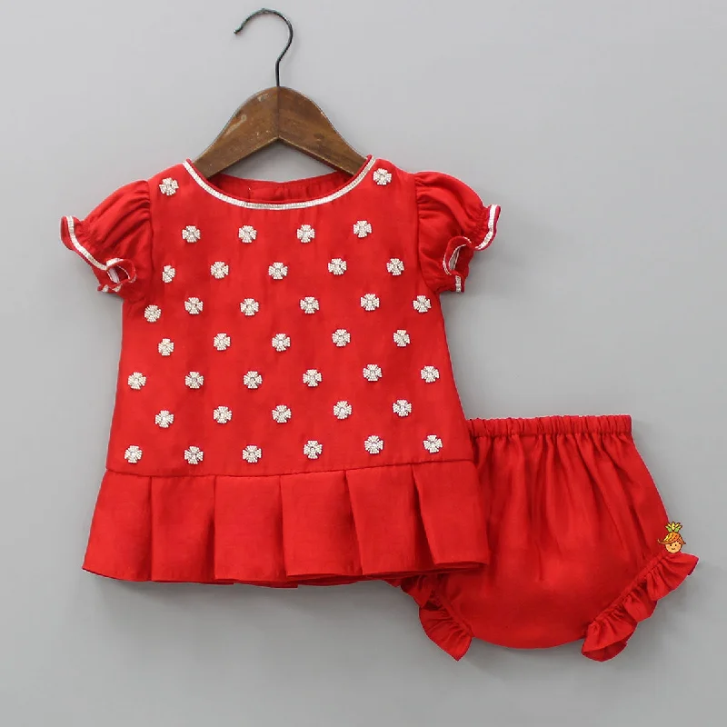 Embroidered Yoke Red Top And Bloomer