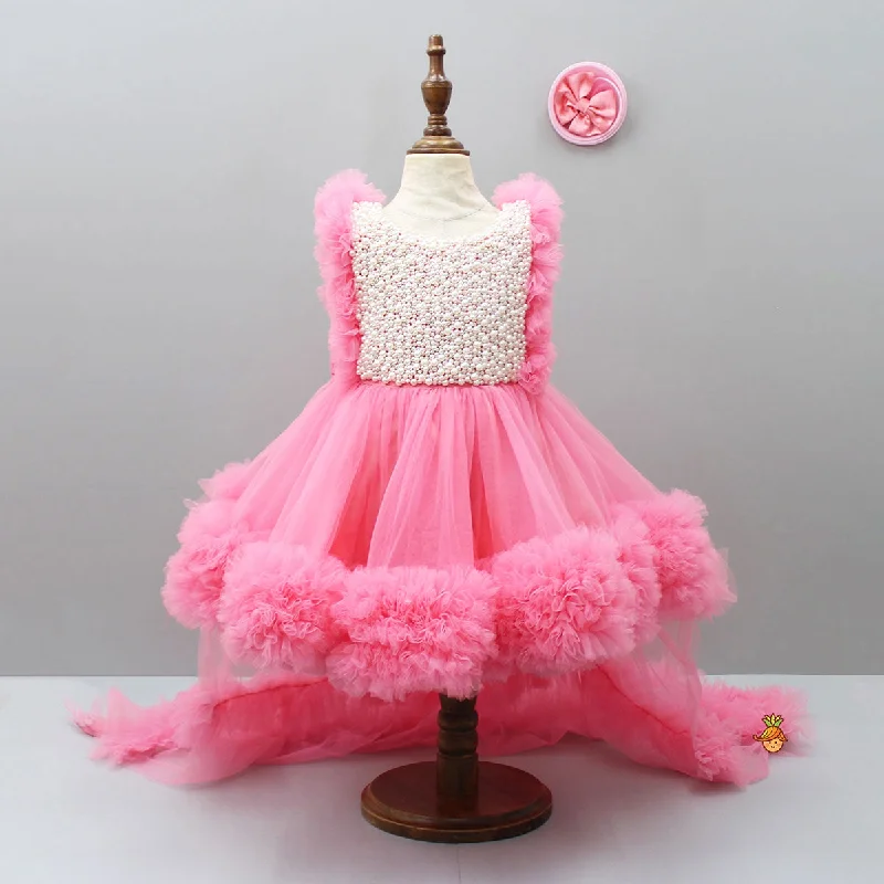 Embroidered Yoke Ruffle Hem Pink Dress With Detachable Trail And Matching Hair Clip