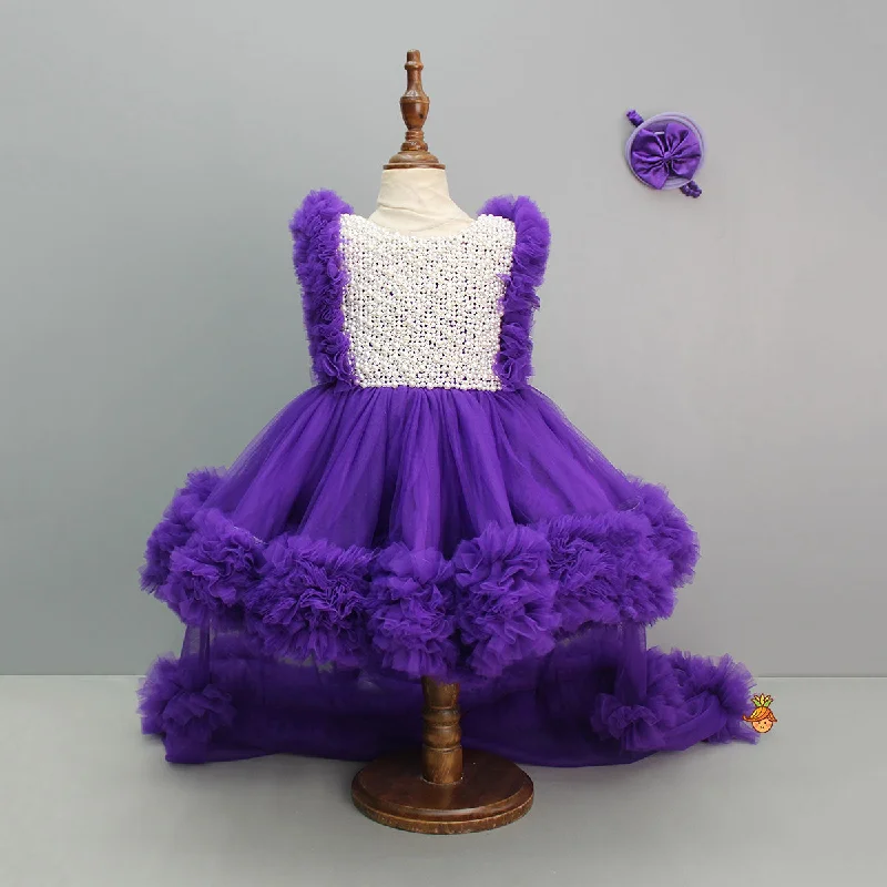 Embroidered Yoke Trail Purple Dress With Detachable Bow And Matching Swirled Bowie Headband