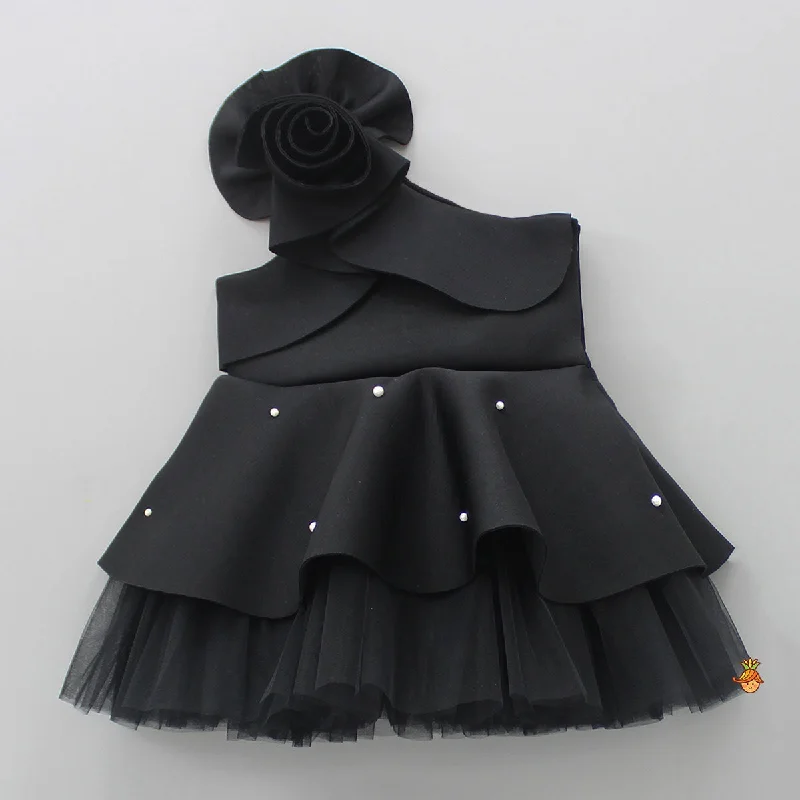 Exquisite Pearls And Rose Embellished Frilly Black Scuba Dress