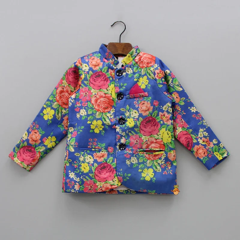 Floral Royal Blue Pocket Square Coat Style Jacket