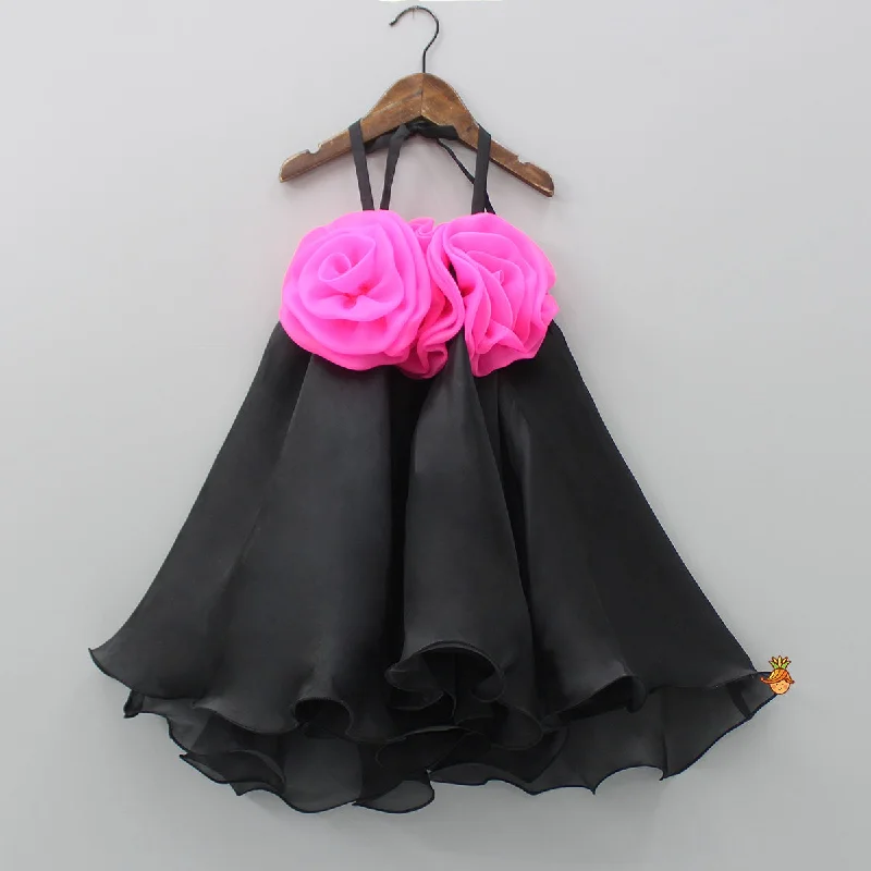 Flower Enhanced Halter Neck Flared Black Dress