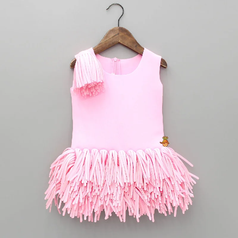 Pink Scuba Dress With Detachable Fringes Flower Broach