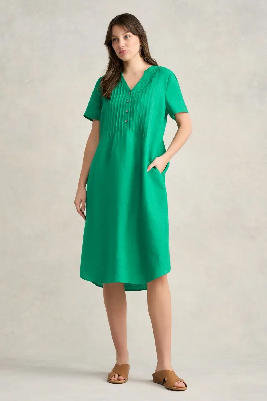 Pleated Front French Linen Dress - Vibrant Green