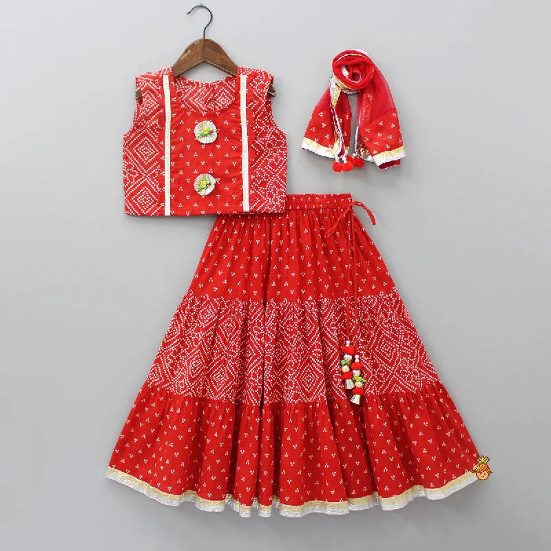 Printed Red Top And Lehenga With Net Dupatta