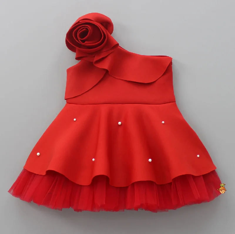 Rose Embellished Frilly Red Scuba Dress