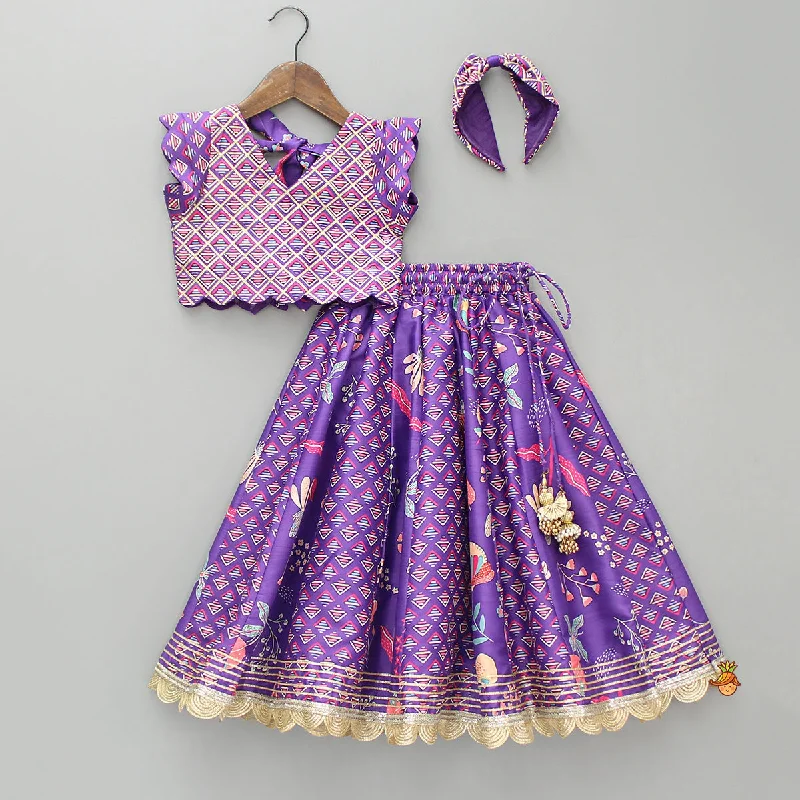 Scalloped Hem V Neck Purple Top And Lehenga With Matching Hair Band