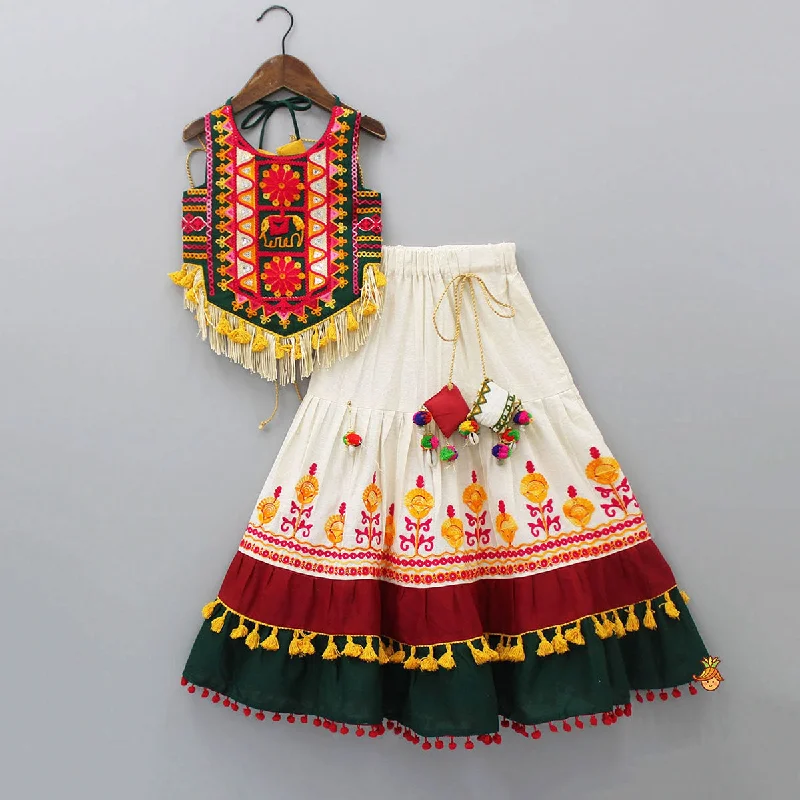 Thread Embroidered Stylish Halter Neck Top And Lehenga