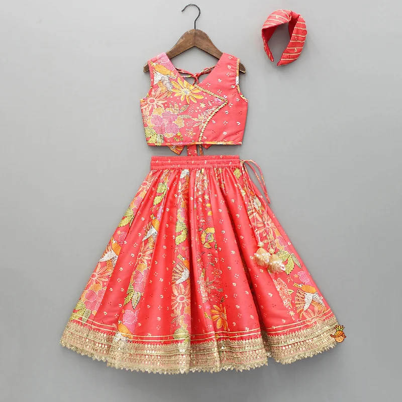 V Neck Peach Top And Printed Lehenga With Hair Band