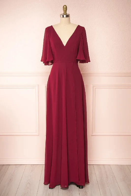 Adelphia Burgundy | V-Neck Chiffon Maxi Dress