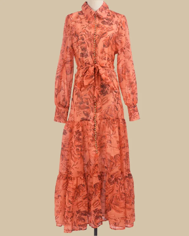 Amber Burnt Orange Maxi Dress with Long Sleeves