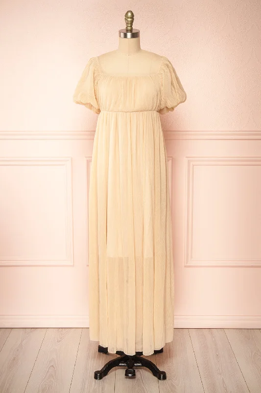 Araminta Beige | Pleated Beige Maxi Babydoll Dress