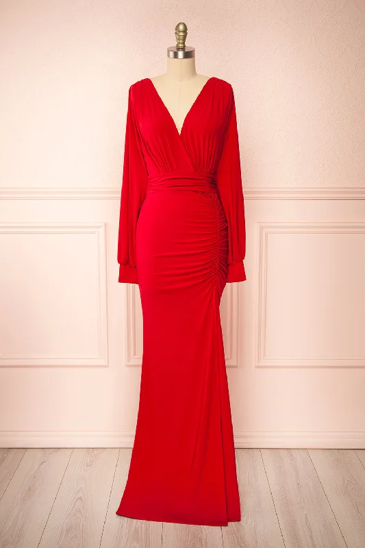 Cassidy Red | Plunging Neckline Mermaid Maxi Dress