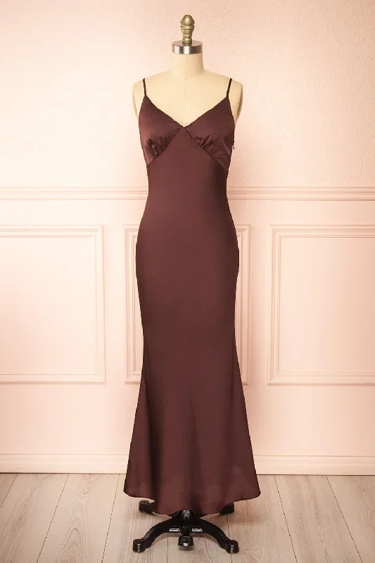 Edna | Brown Maxi Satin Dress w/ Open Back