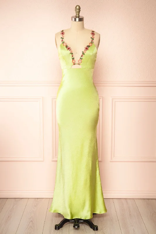 Envya Green | Satin Maxi Dress w/ Floral Embroidery